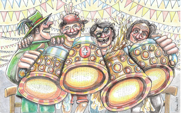 Eine Illustration, die den obenstehenden Text mit einem Augenzwinkern kommentiert. Vier Personen mit je einem Bierglas schaut den Betrachter des Bildes an. Sie stehen in einem Festzelt und lachen alle. 